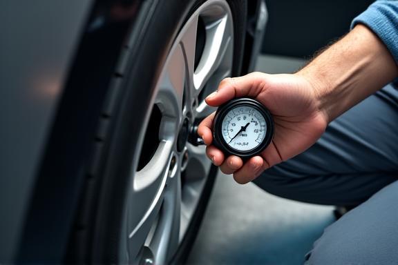 A technician checking tire pressure on a conventional car for an eco-tuneup.