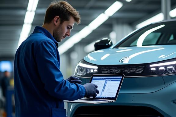 Technician running diagnostics on a modern electric car.